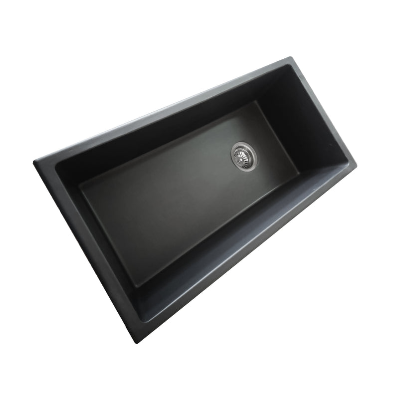 Nantucket Sinks Wellfleet-3419MatteBlack Matte Black single bowl sink angled from above showing the long bowl and drain