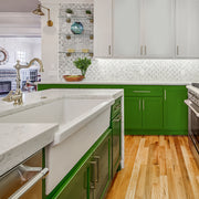 Nantucket Sinks Yarmouth-36W Yarmouth farmhouse sink in a green island with marble counter and oak floor