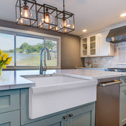 Nantucket Sinks Yarmouth-36W Yarmouth farmhouse sink in a sage island under pendant lights by the water