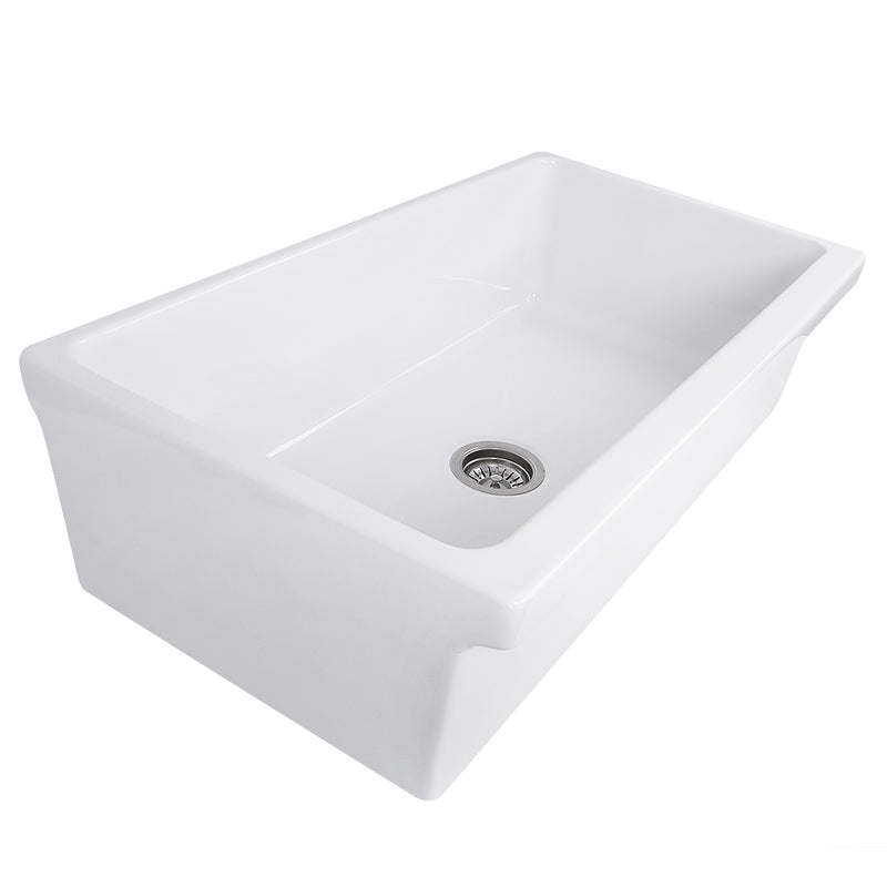 Nantucket Sinks Yarmouth-36W Yarmouth white 36" fireclay farmhouse sink with decorative apron, three-quarter view