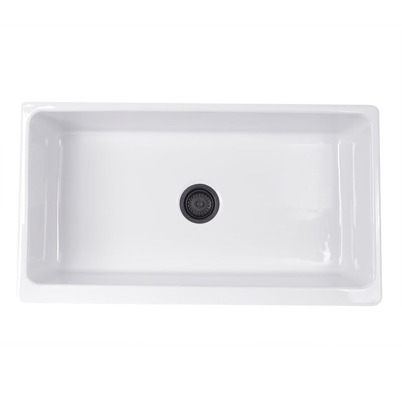 Nantucket Sinks Yarmouth-36W Yarmouth farmhouse sink from above with the dark drain