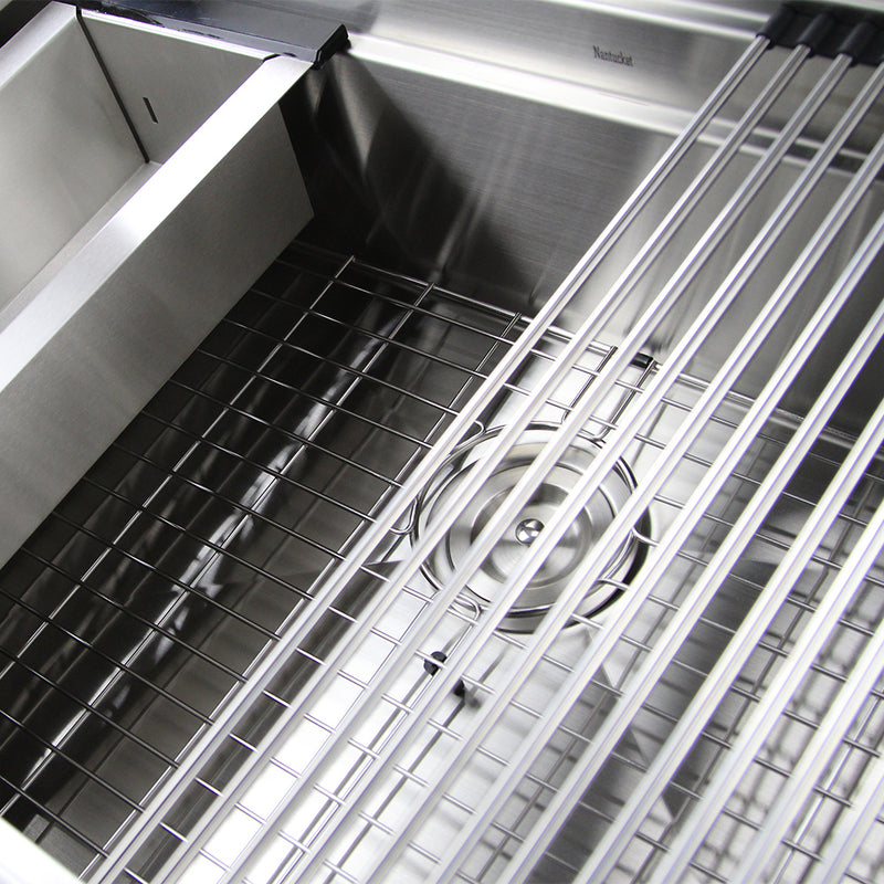 Nantucket Sinks ZR-PS-3220-16 close-up of the rolling mat over the bottom grid and drain
