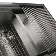 Nantucket Sinks ZR-PS-3220-16 close-up of the colander and rolling mat on the tiered ledge