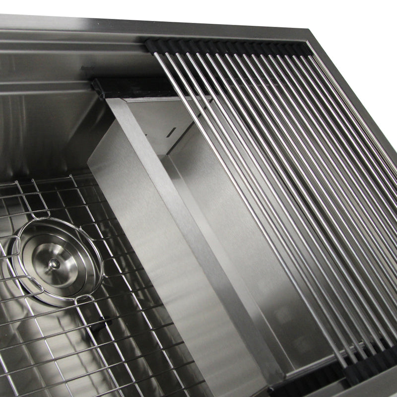 Nantucket Sinks ZR-PS-3220-16 close-up of the colander and rolling mat on the tiered ledge