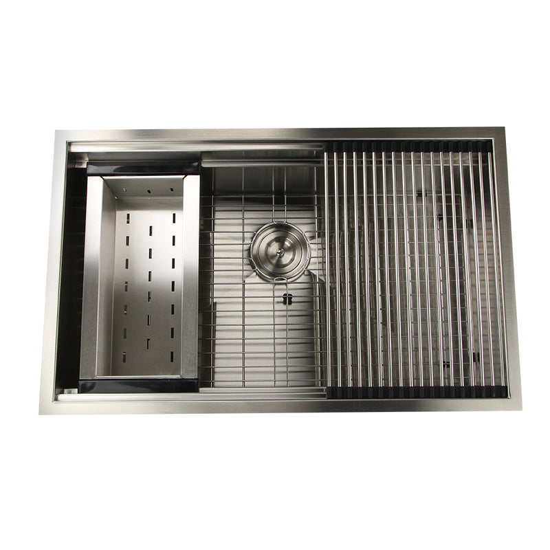 Nantucket Sinks ZR-PS-3220-16 32" zero radius prep station sink with colander, grid and mat, white background