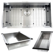 Nantucket Sinks ZR-PS-3620-16 sink shown with bottom grid, rinse tray and colander