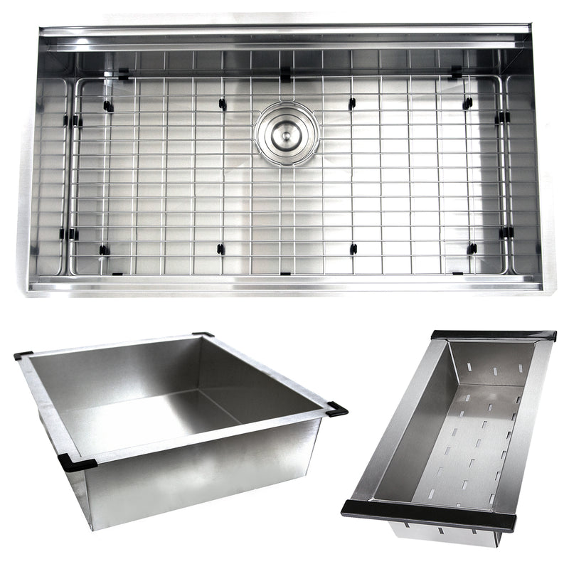 Nantucket Sinks ZR-PS-3620-16 sink shown with bottom grid, rinse tray and colander