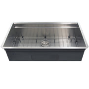 Nantucket Sinks ZR-PS-3620-16 front view with the bottom grid and colander drain