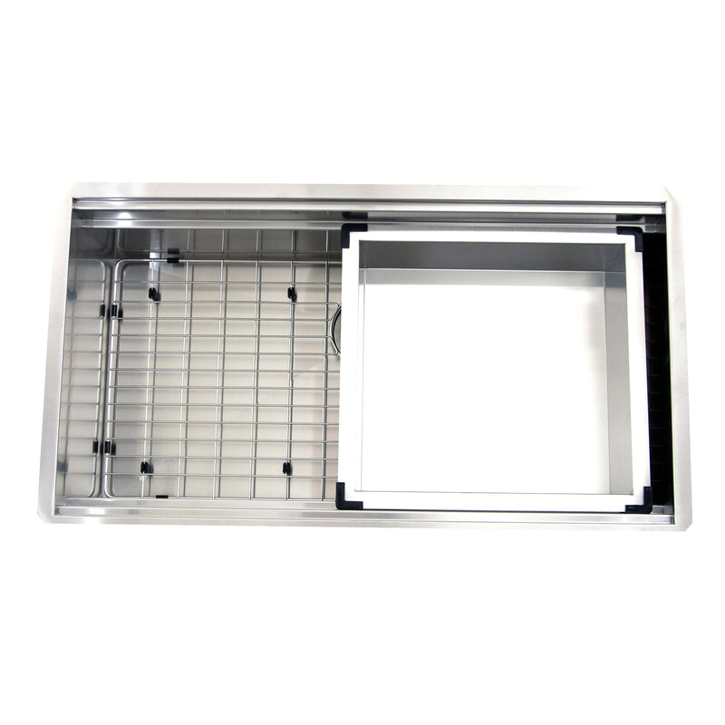 Nantucket Sinks ZR-PS-3620-16 overhead view of the rinse tray seated beside the grid