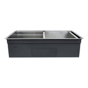 Nantucket Sinks ZR-PS-3620-16 front view with the rinse tray on the ledge and padded bowl