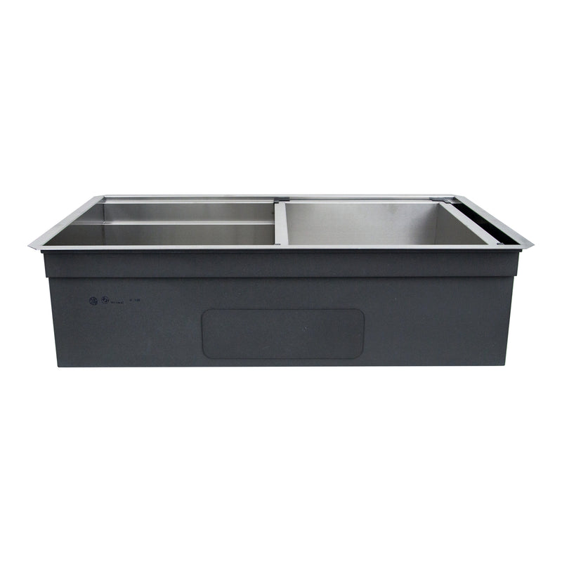 Nantucket Sinks ZR-PS-3620-16 front view with the rinse tray on the ledge and padded bowl