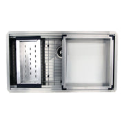 Nantucket Sinks ZR-PS-3620-16 overhead view with colander, grid and rinse tray on the ledge