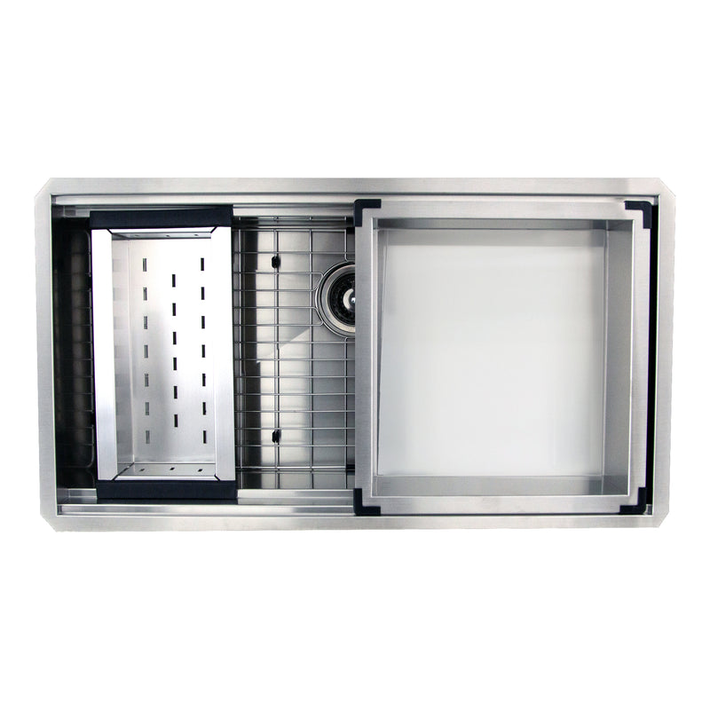 Nantucket Sinks ZR-PS-3620-16 overhead view with colander, grid and rinse tray on the ledge