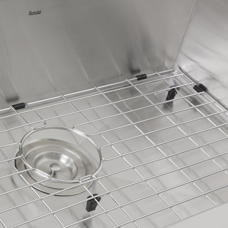 Nantucket Sinks ZR2818-8-16 close-up of the colander drain, grid and bumpers