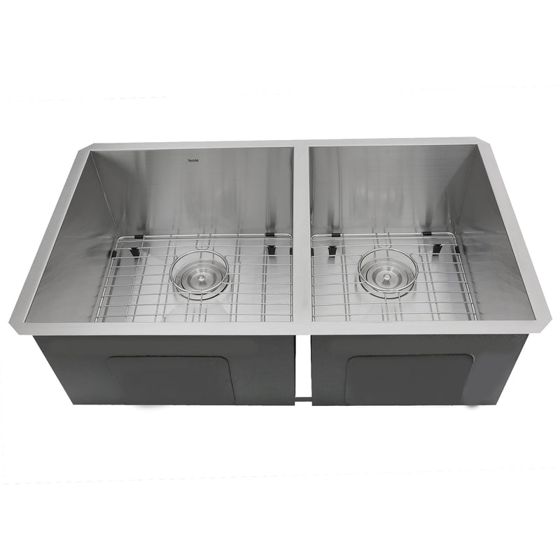 Nantucket Sinks ZR3219-OS-16 front view of both bowls with grids and colander drains