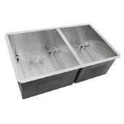 Nantucket Sinks ZR3219-OS-16 offset double bowl zero radius sink with grids, white background