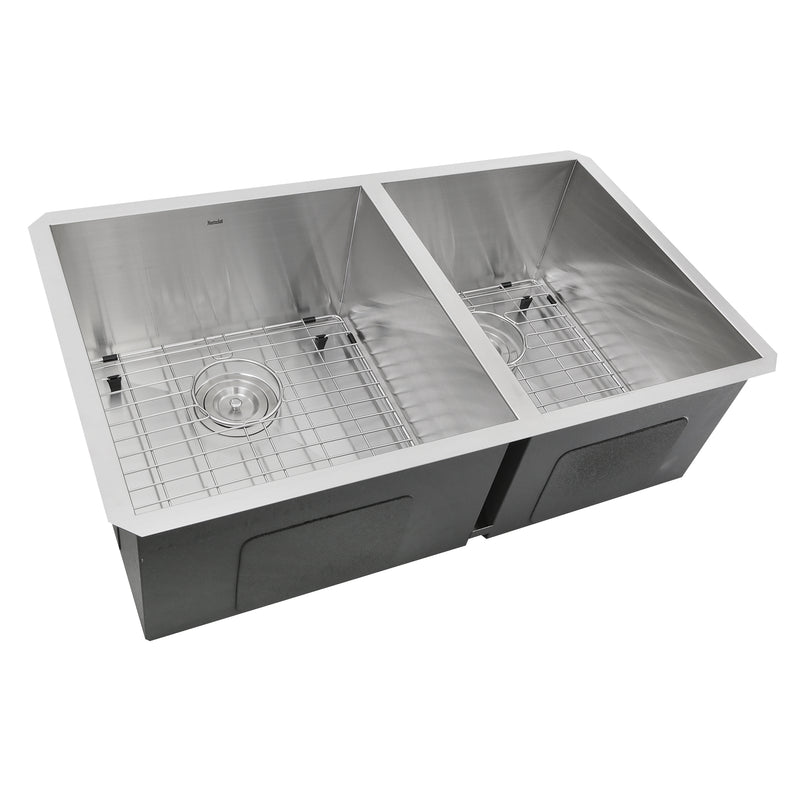 Nantucket Sinks ZR3219-OS-16 offset double bowl zero radius sink with grids, white background