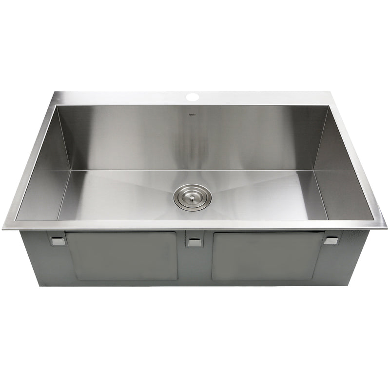 Nantucket Sinks ZR3322-S-16 front view of the empty bowl, faucet hole and drain