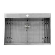 Nantucket Sinks ZR3322-S-16 overhead view of the bottom grid, drain and faucet hole
