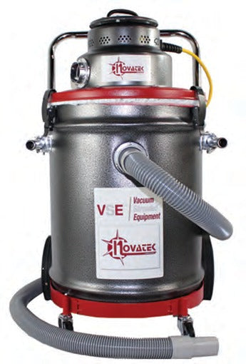 Novatek 15 gal HEPA floor vacuum, electric model, with steel can, red dolly base and gray hose