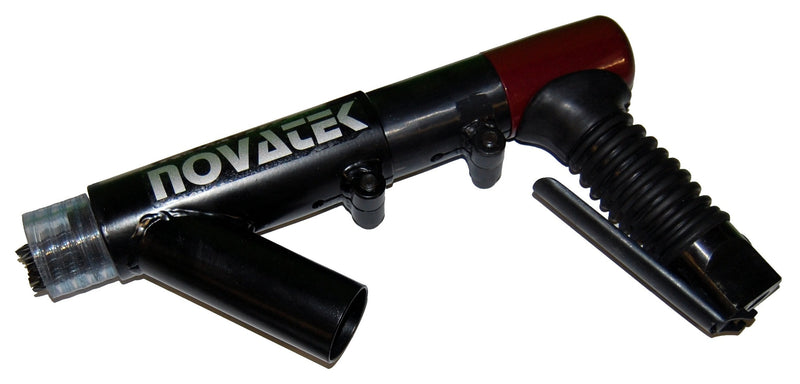 Novatek 19PG VSE shrouded pistol grip needle scaler with flat cuff fitted and 3mm needles, side view