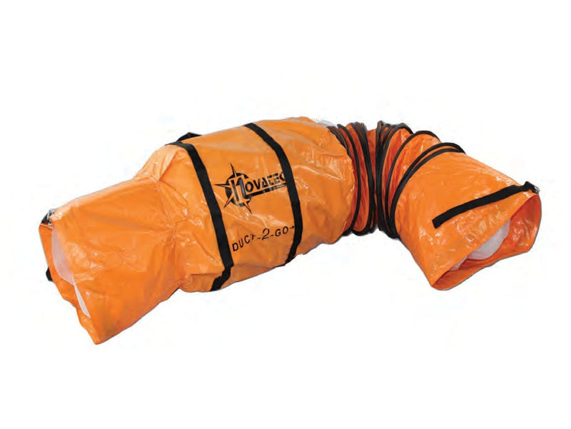 Novatek Duct-2-Go orange vinyl ducting extended from its integrated carry case