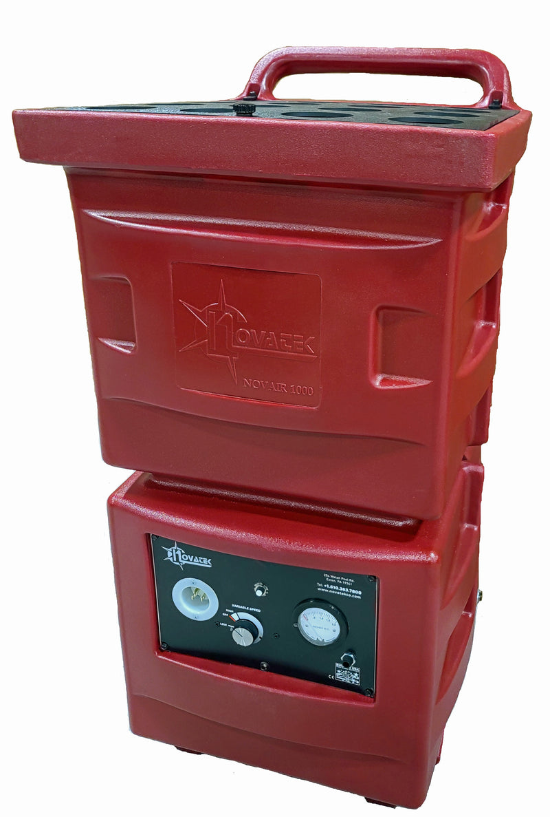 Novatek Novair 1000 Variable Speed air scrubber in burgundy with speed dial and pressure gauge