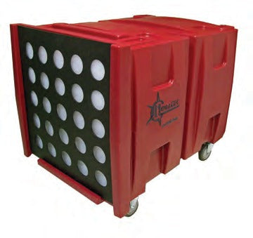 Novatek Novair 2000 air scrubber in burgundy, intake end with perforated filter face, on casters