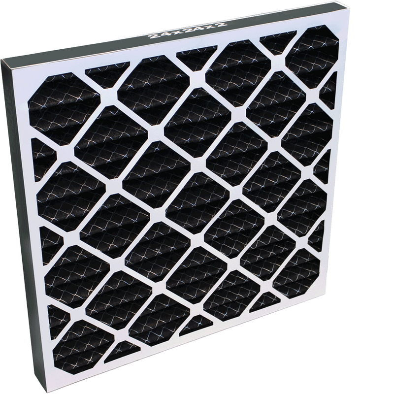 Novatek carbon impregnated pleated box filter, black carbon pleats behind a white grid frame marked 24x24x2