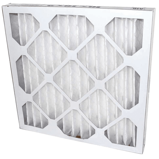 Novatek pleated pre-filter, white pleated media behind a cardboard grid frame marked 16x16x2