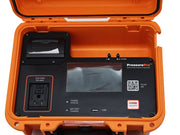 PressurePro control panel close up: printer, 15 A AUX NAM outlet, two hose barbs, USB port and power button