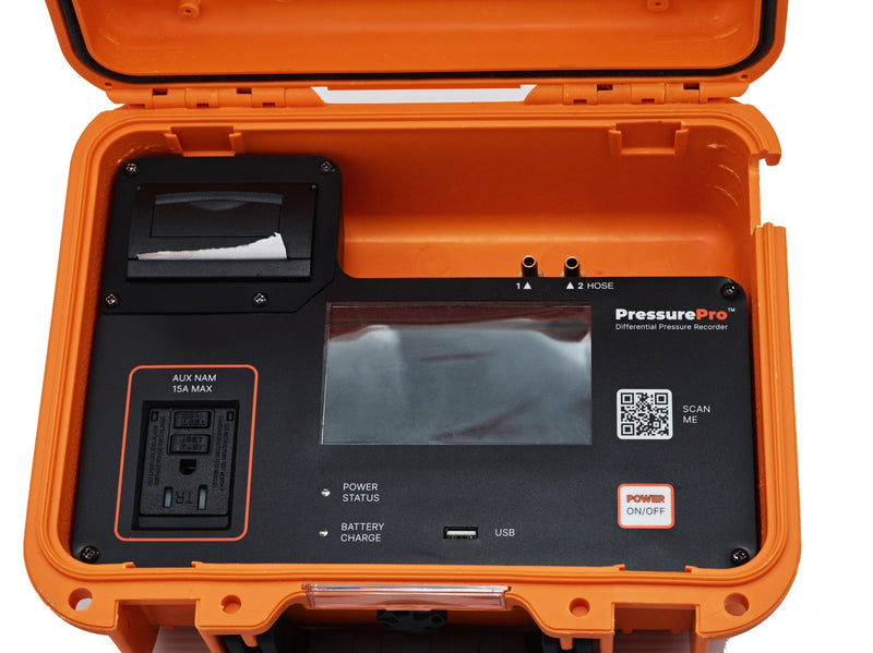 PressurePro control panel close up: printer, 15 A AUX NAM outlet, two hose barbs, USB port and power button