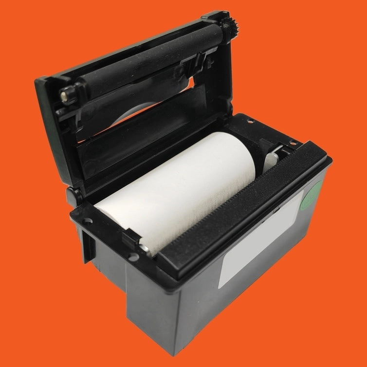 PressurePro replacement thermal printer module with its cover open, shown with a paper roll loaded (paper sold separately), on an orange background
