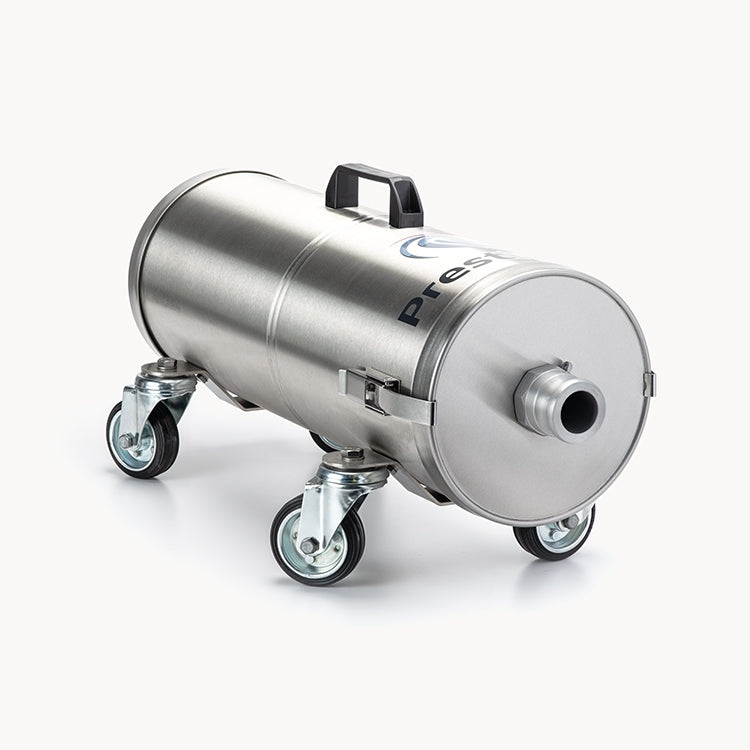 PrestiVac AV1-1 EX HEPA compact horizontal stainless vacuum on four casters with carry handle