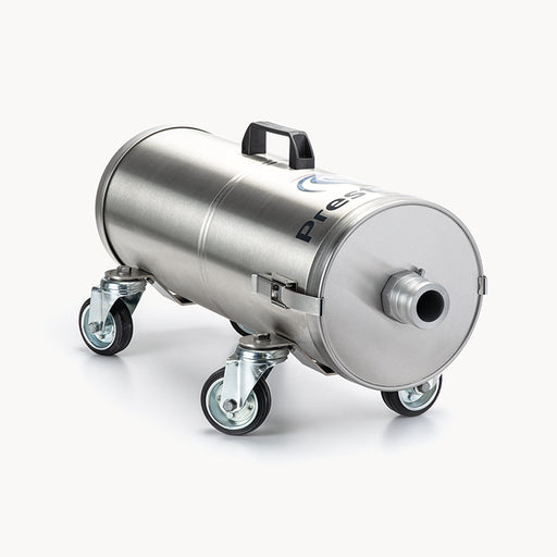 PrestiVac AV1-1 EX HEPA compact horizontal stainless vacuum on four casters with carry handle