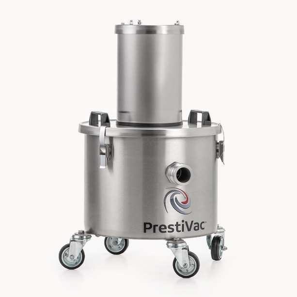 PrestiVac AV1-10 EX HEPA air-operated vacuum, stainless drum with tall filter housing on casters
