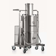 PrestiVac AV1-10 EX RCT HEPA air-operated vacuum on a stainless cart with tool basket