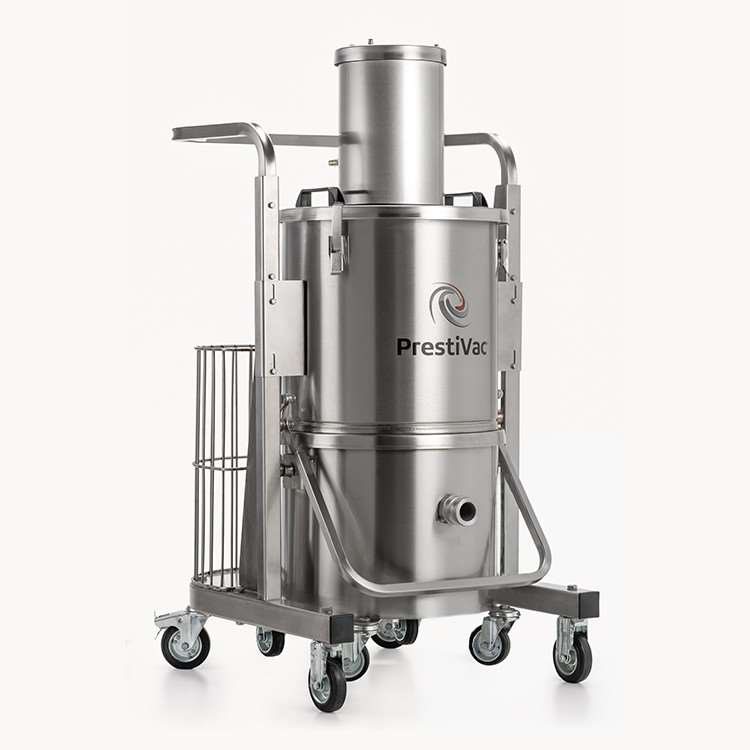 PrestiVac AV1-10 EX RCT HEPA air-operated vacuum on a stainless cart with tool basket
