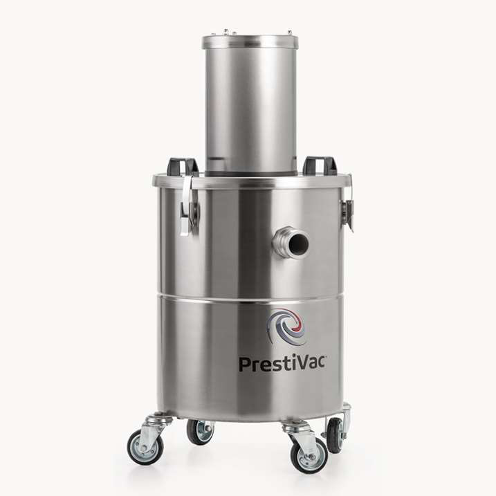 PrestiVac AV1-15 EX HEPA air-operated vacuum with tall filter housing on a stainless drum