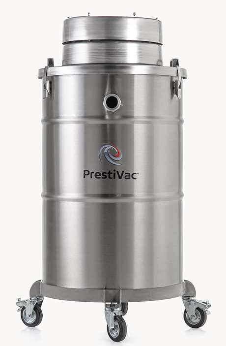 PrestiVac AV1-55 EX HEPA 45-gallon air-operated drum vacuum on a caster dolly