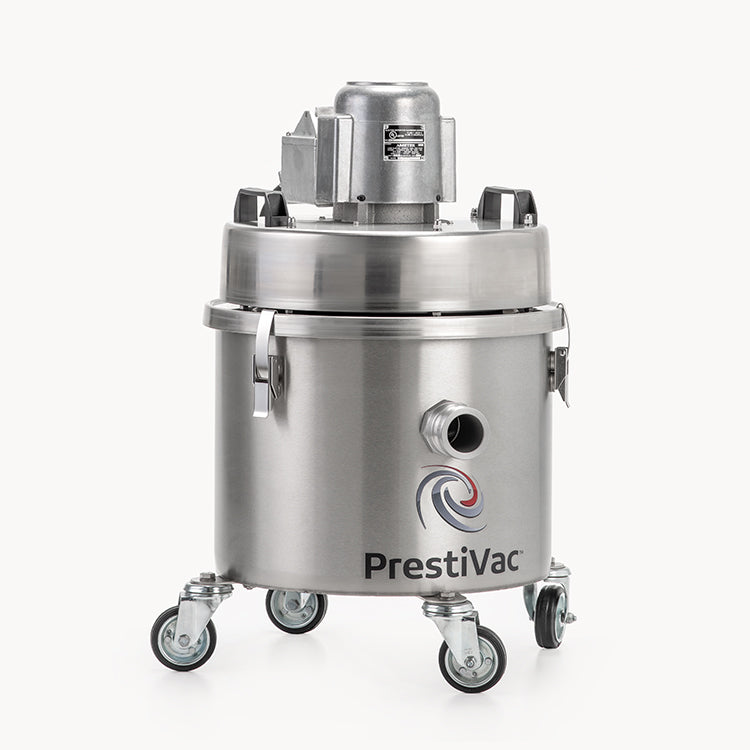 PrestiVac EX1-10 HEPA with explosion-proof motor head on a stainless drum with swivel casters, front three-quarter view