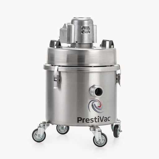 PrestiVac EX1-10 HEPA with explosion-proof motor head on a stainless drum with swivel casters, front three-quarter view