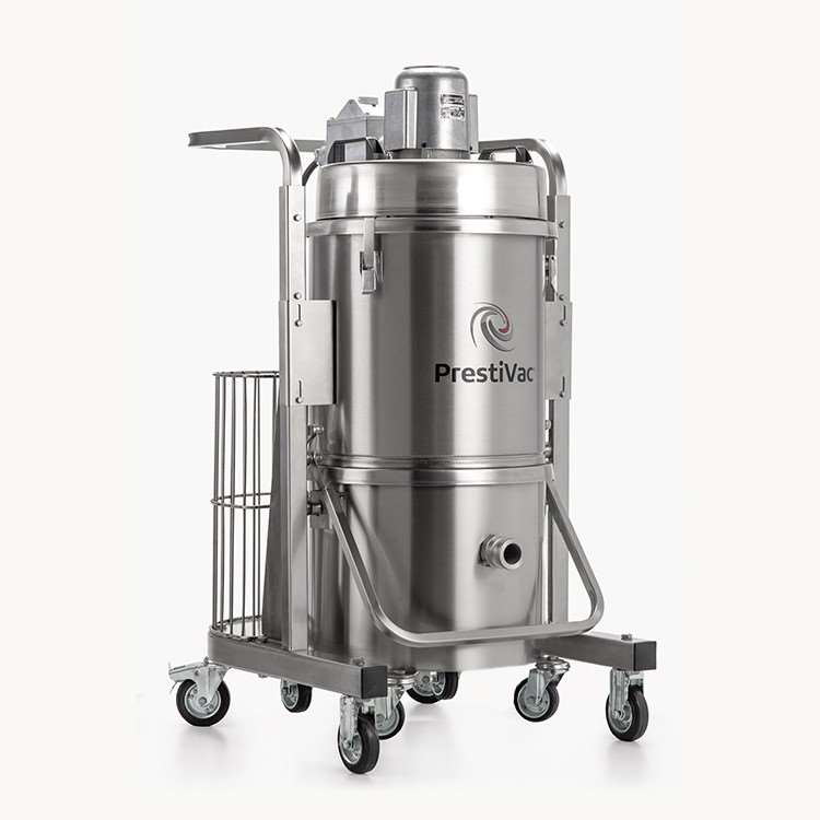 PrestiVac EX1-10 RCT HEPA on its stainless cart with push handle, tool basket and removable tank