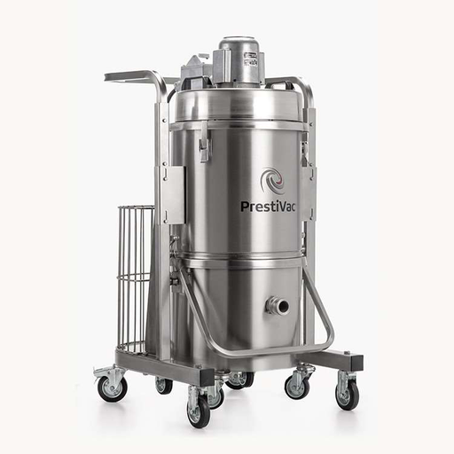 PrestiVac EX1-10 RCT HEPA on its stainless cart with push handle, tool basket and removable tank