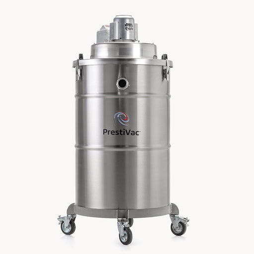 PrestiVac EX1-55 HEPA 45-gallon stainless drum with motor head on a caster dolly