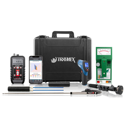 Tramex Roofing Inspector Kit - RIK A compact kit featuring essential tools for roofing inspection, including moisture meters and related accessories, all neatly organized within a durable carrying case.