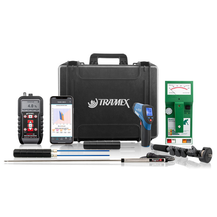 Tramex Roofing Inspector Kit - RIK A compact kit featuring essential tools for roofing inspection, including moisture meters and related accessories, all neatly organized within a durable carrying case.