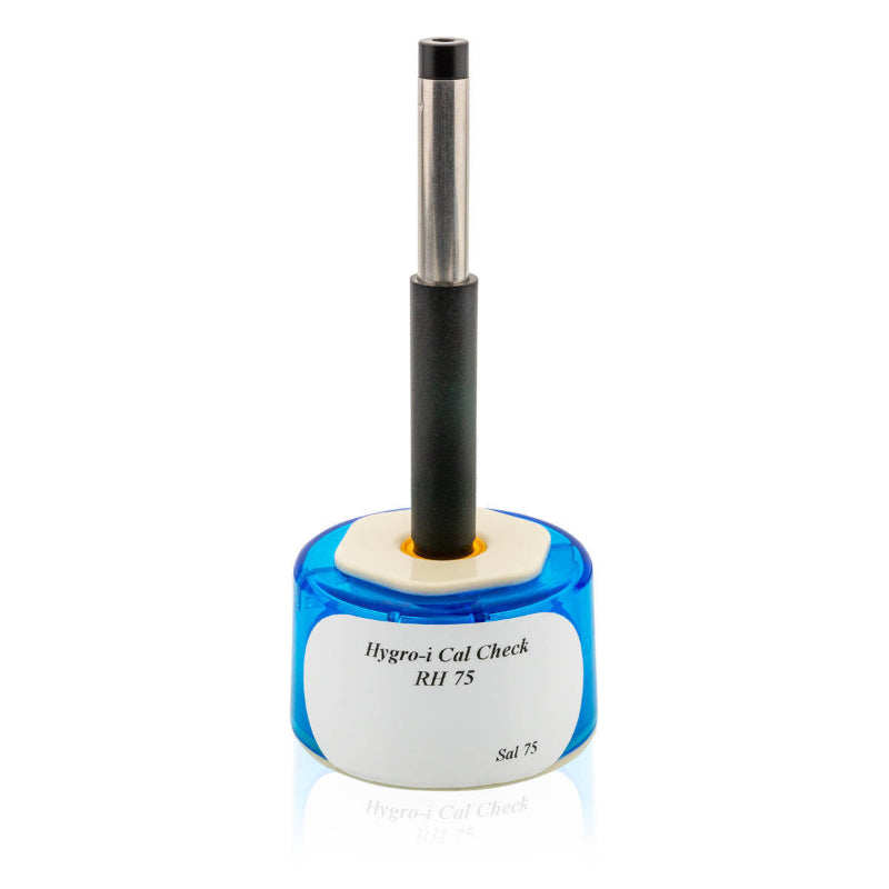 Tramex RH Calibration Salt Check - SAL75 A small container of calibration salt designed for Tramex long narrow RH probes, featuring a clear lid and labeled with product information.