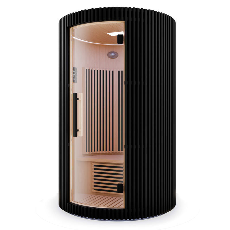 SaunaSpa SC-SS0025-0SBK infrared sauna in black, angled view on white