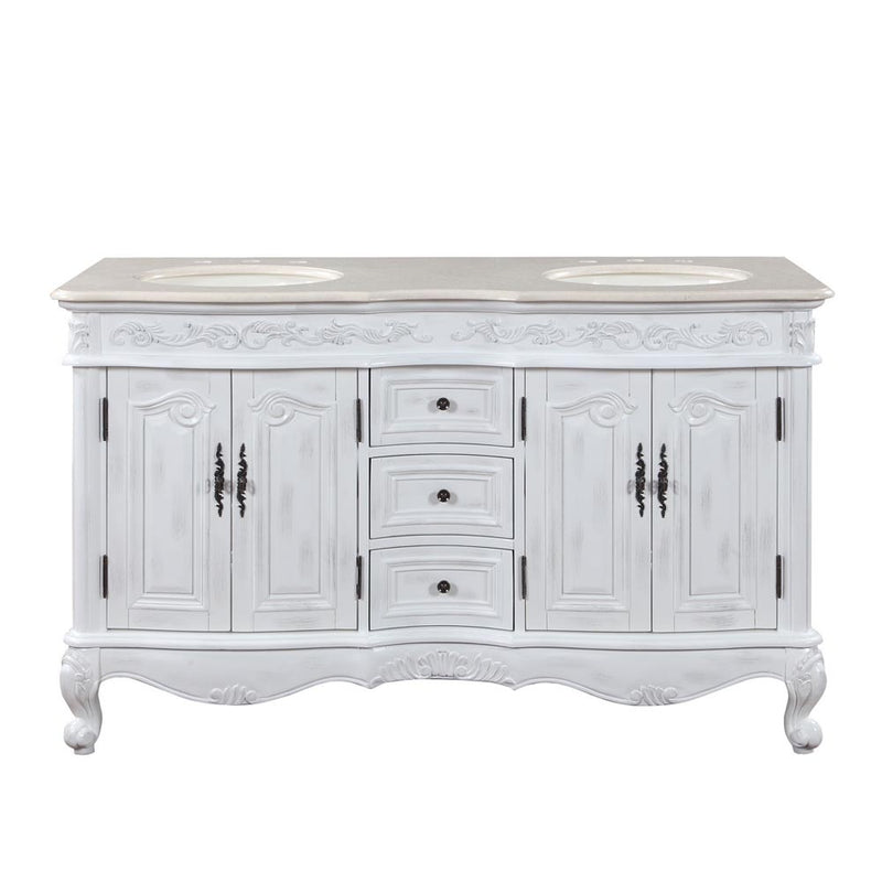 Silkroad Exclusive HYP-0145-CM-UIC-58 58" Antique White double sink vanity, front view on white